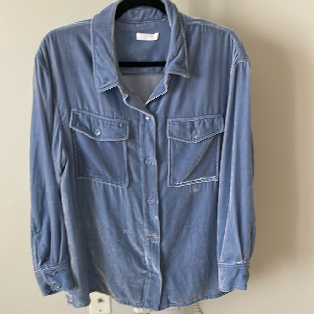 SABLYN light blue velour button down shirt blouse top, size M